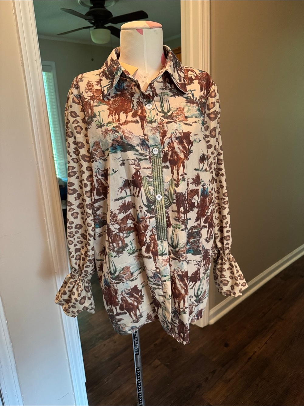 Cherry Betty Western Print Button-Up Blouse in Cream and Brown